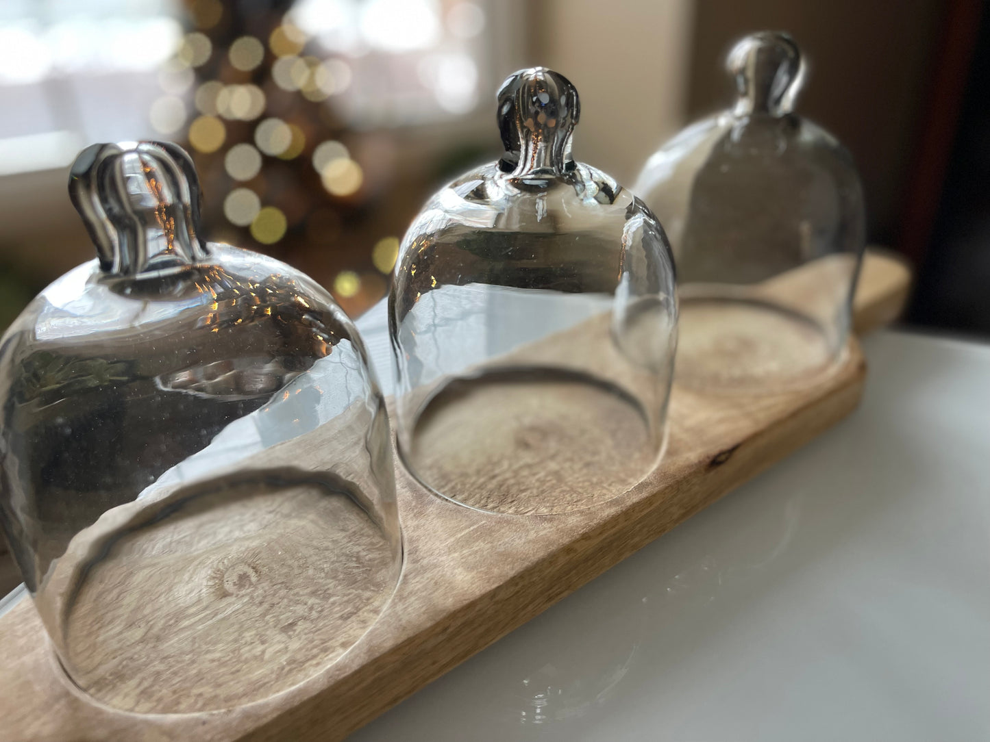 Mango Wood Tray w/ Glass Cloches