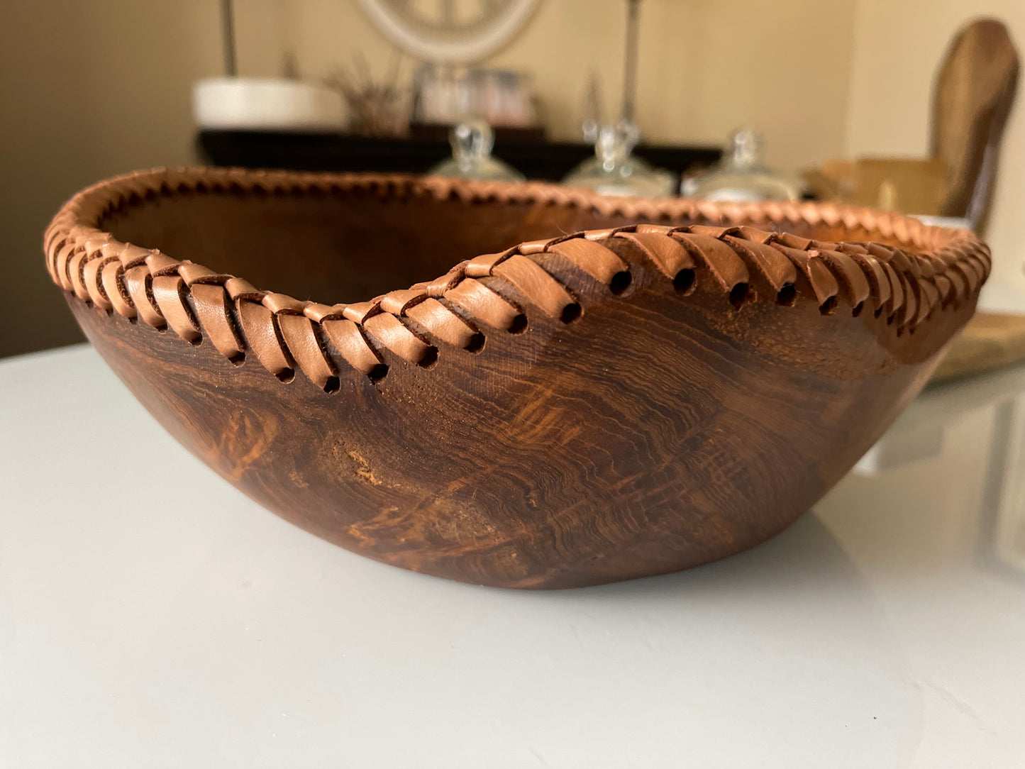 Whiskey & Wood Bowl w/ Leather Stitching