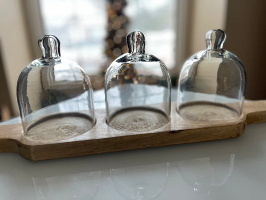 Mango Wood Tray w/ Glass Cloches
