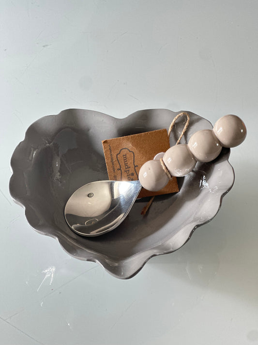 Gray Heart enamel candy dish with taupe spoon