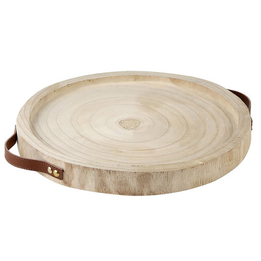 Choosing this option your Charcuterie will be plated on this Paulownia Wood Tray with Leather Handles Dimensions: 12.5" Dia. x 1.25" H
