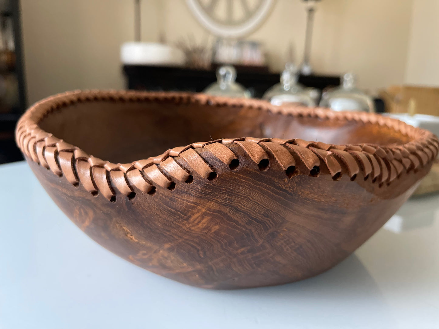 Whiskey & Wood Bowl  w/ Leather Stitching